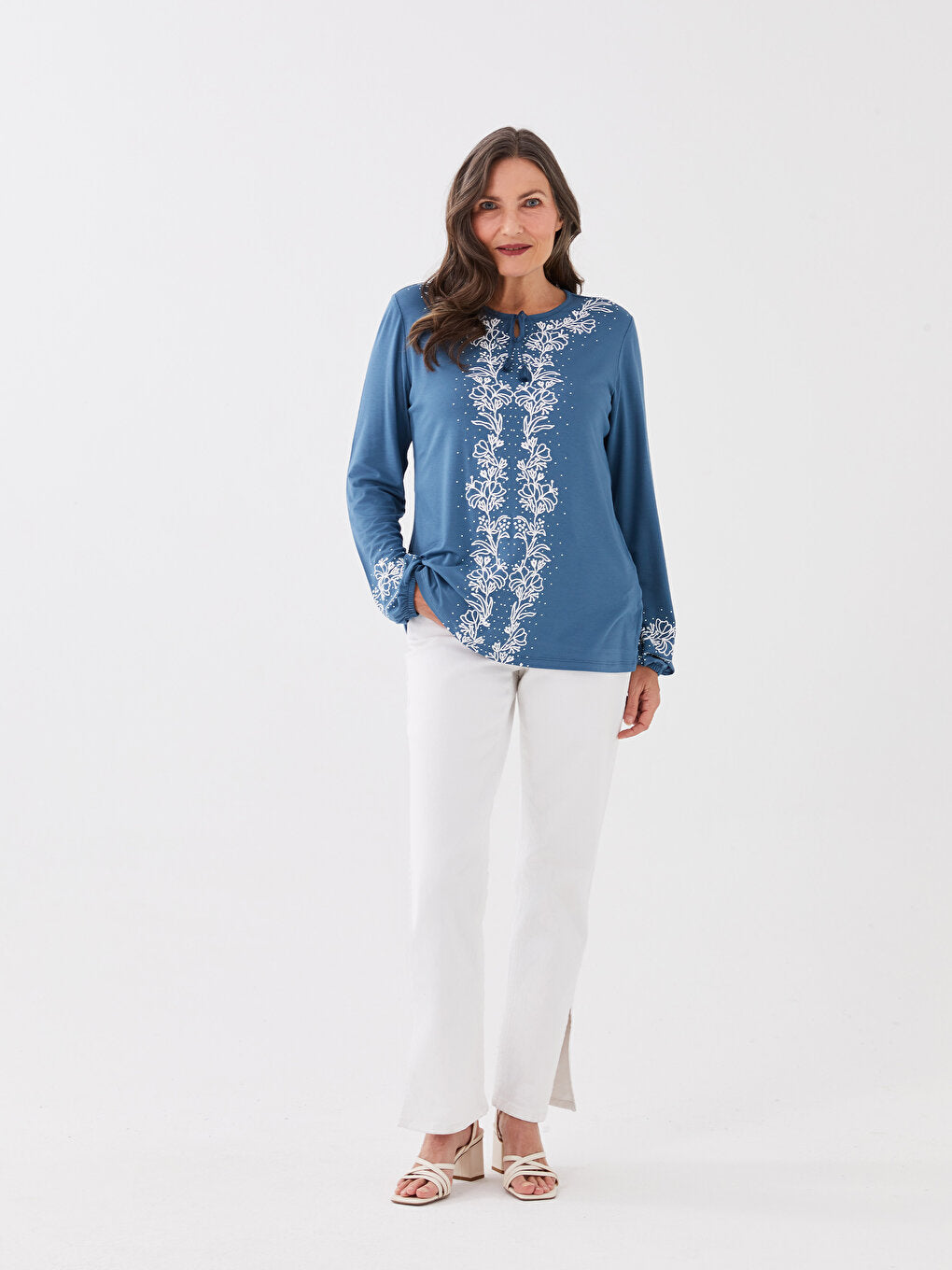 Tie Collar Embroidered Long Sleeve Women's Blouse