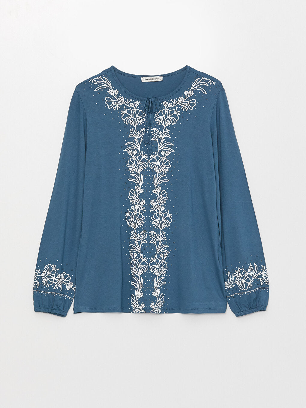 Tie Collar Embroidered Long Sleeve Women's Blouse