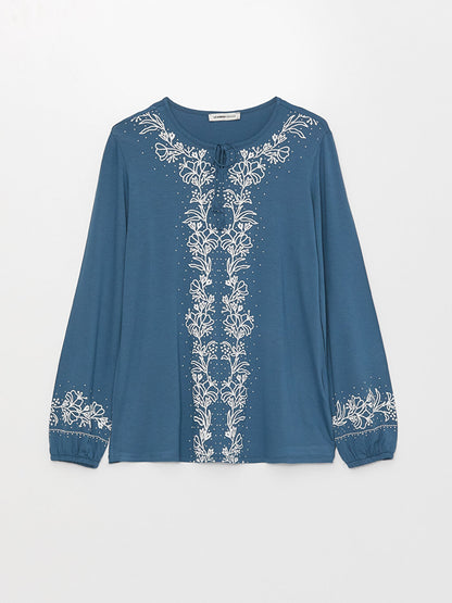 Tie Collar Embroidered Long Sleeve Women's Blouse