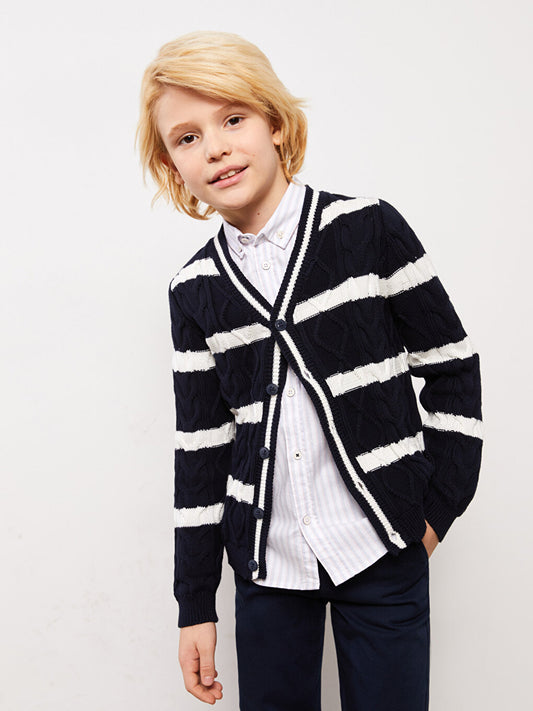 V-Neck Striped Long Sleeve Boy's Knitwear Cardigan