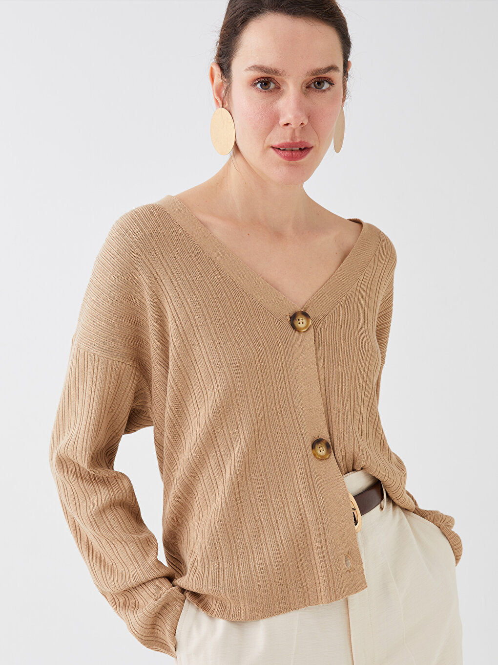 V-Neck Plain Long Sleeve Women's Knitwear Cardigan