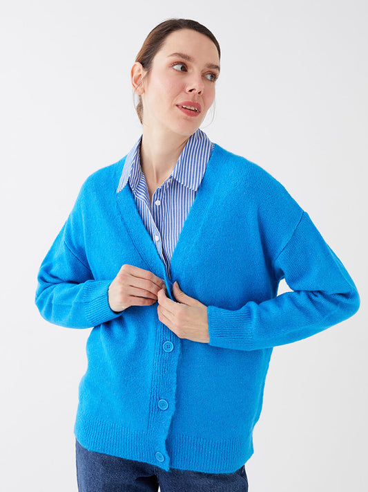 V-Neck Plain Long Sleeve Women's Knitwear Cardigan