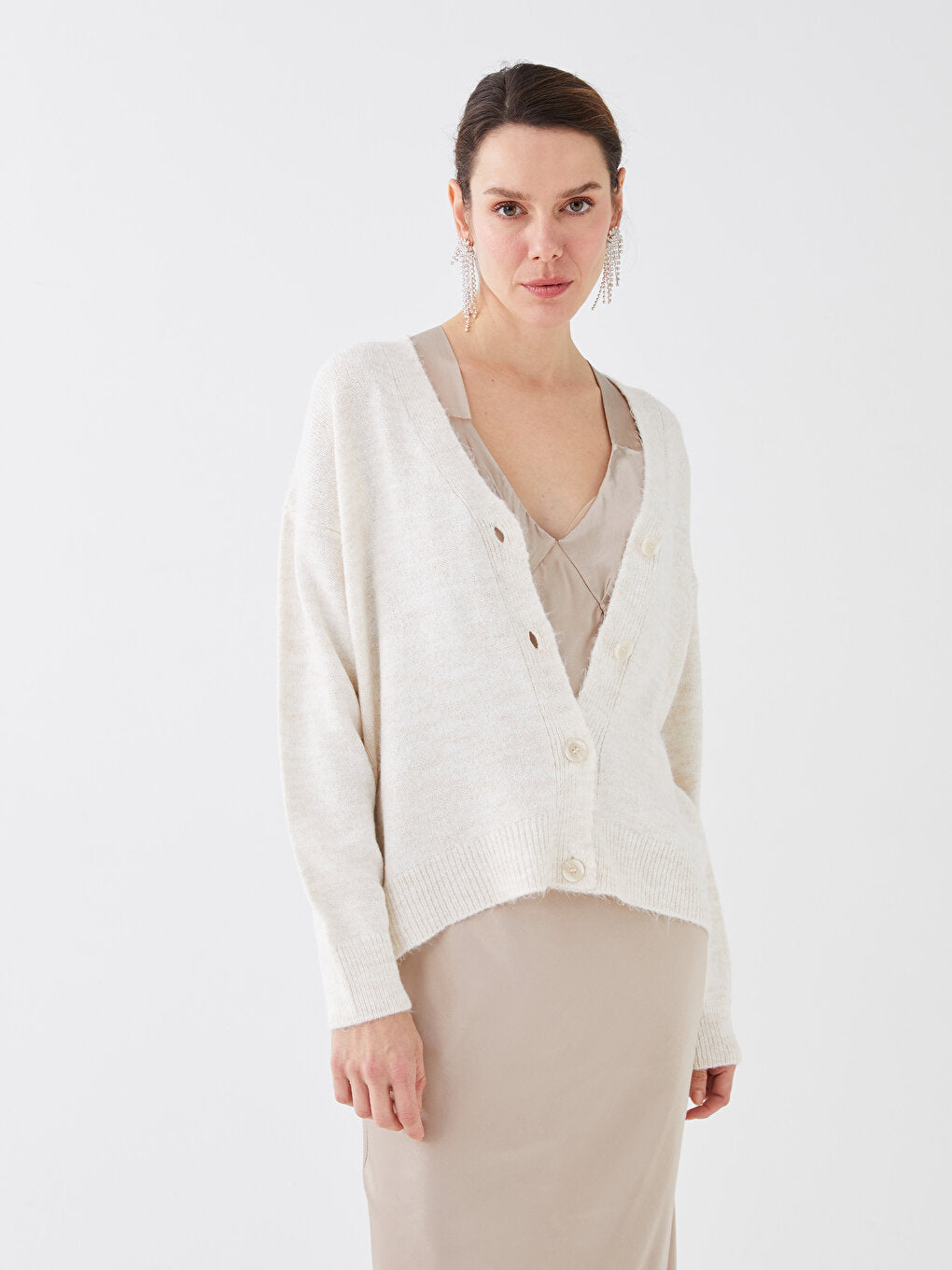 V-Neck Plain Long Sleeve Women's Knitwear Cardigan