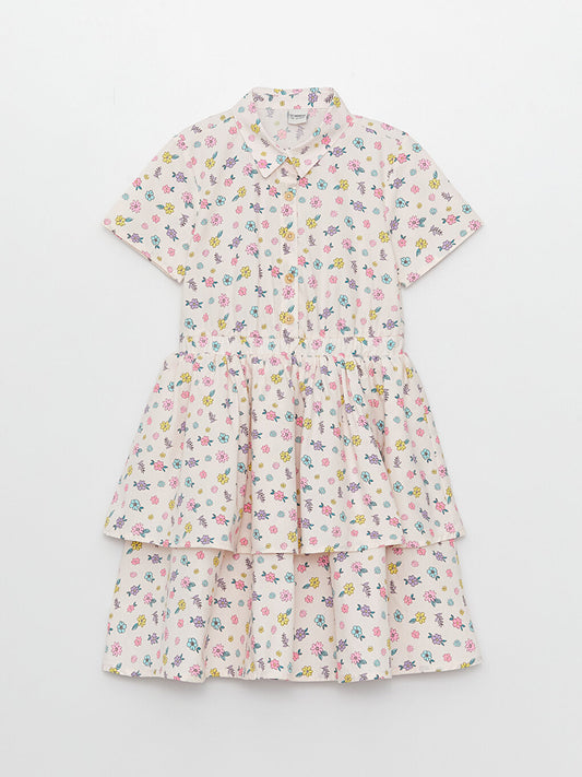 Shirt Collar Patterned Short Sleeve Poplin Girl's Dress