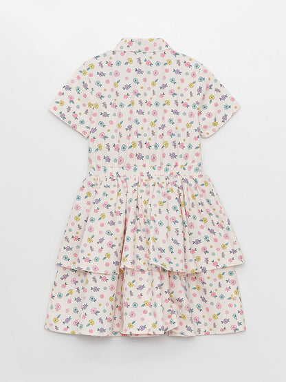 Shirt Collar Patterned Short Sleeve Poplin Girl's Dress