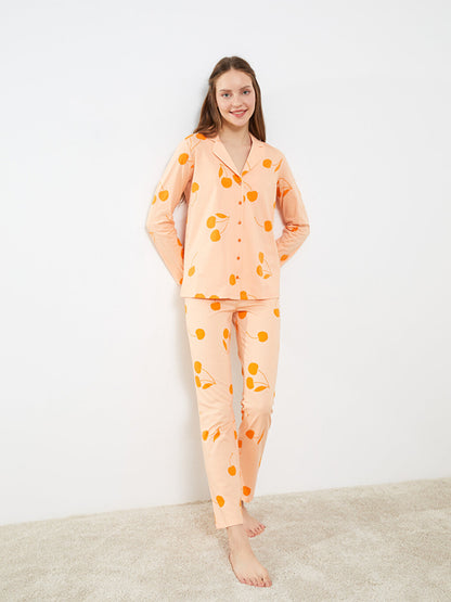 Shirt Collar Printed Long Sleeve Women's Pajama Set