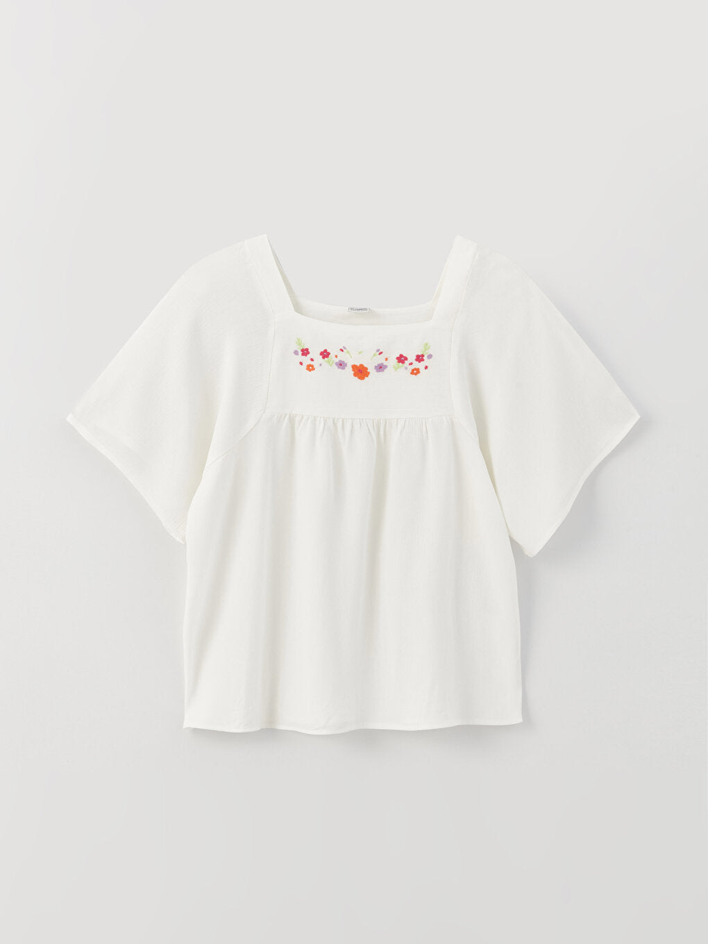 Square Neck Embroidered Short Sleeve Girl's Blouse