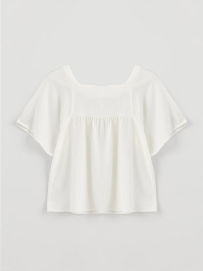 Square Neck Embroidered Short Sleeve Girl's Blouse