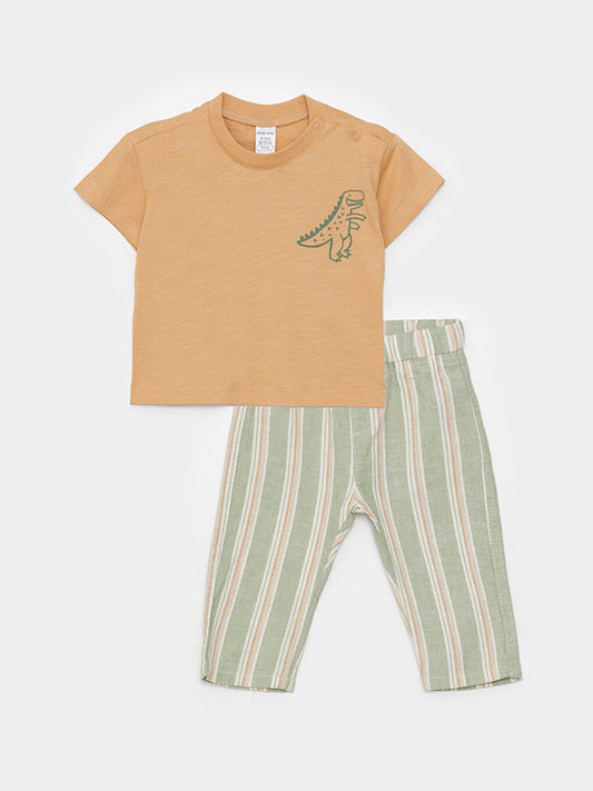 Crew Neck Short Sleeve Printed Baby Boy T-Shirt and Trousers 2-Piece Set