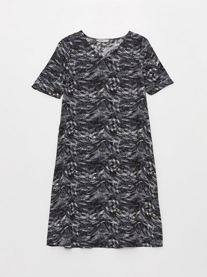 V-Neck Patterned Short Sleeve Linen Look Women's Dress