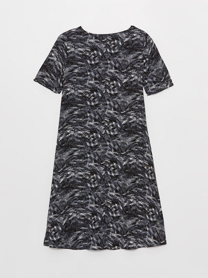 V-Neck Patterned Short Sleeve Linen Look Women's Dress