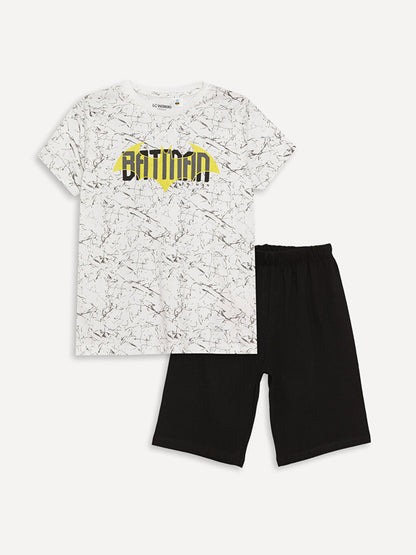 Crew Neck Batman Printed Short Sleeve Boy's Pajama Set with Shorts