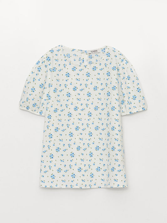 Crew Neck Patterned Short Sleeve Girl's Blouse