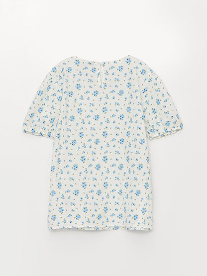 Crew Neck Patterned Short Sleeve Girl's Blouse