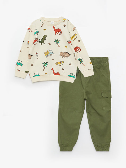 Crew Neck Long Sleeve Printed Baby Boy Sweatshirt and Trousers 2-Piece Set