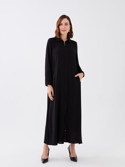 Polo Neck Straight Long Sleeve Women's Dobby Dress