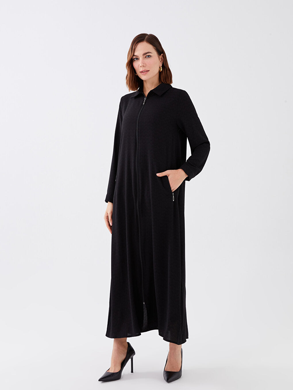 Polo Neck Straight Long Sleeve Women's Dobby Dress