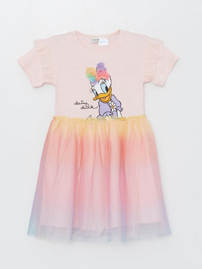 Crew Neck Daisy Duck Printed Girl's Dress