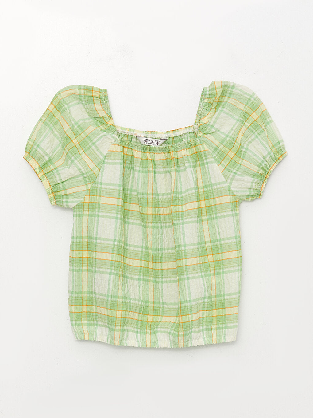 Square Neck Plaid Short Sleeve Girl's Blouse