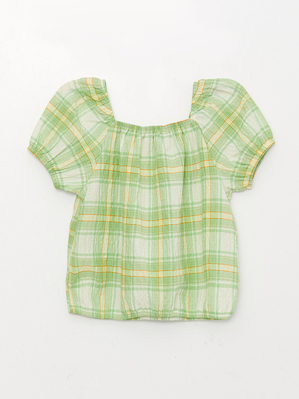 Square Neck Plaid Short Sleeve Girl's Blouse