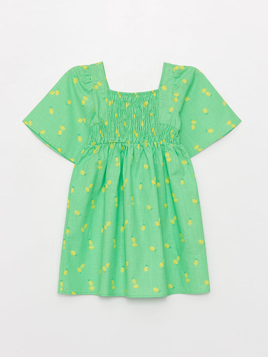 Square Neck Patterned Short Sleeve Girl's Dress