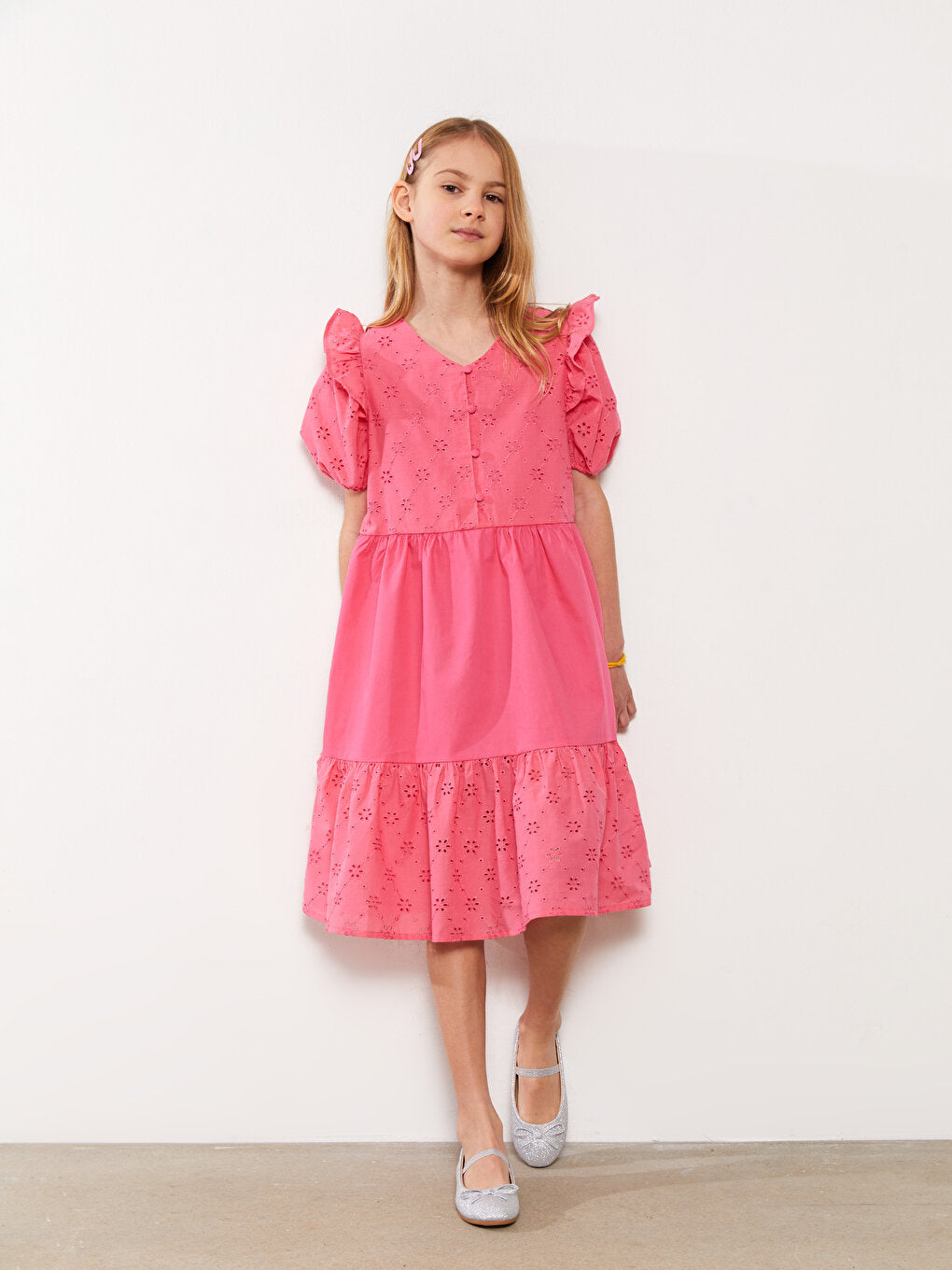 V-Neck Scallop Detailed Short Sleeve Girl's Dress