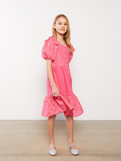 V-Neck Scallop Detailed Short Sleeve Girl's Dress