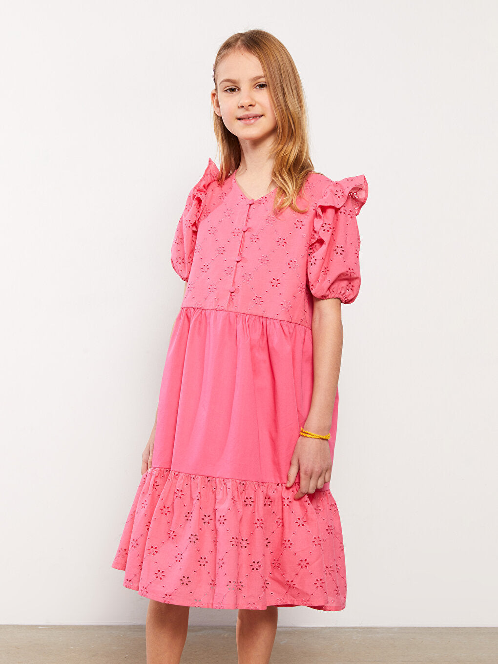 V-Neck Scallop Detailed Short Sleeve Girl's Dress