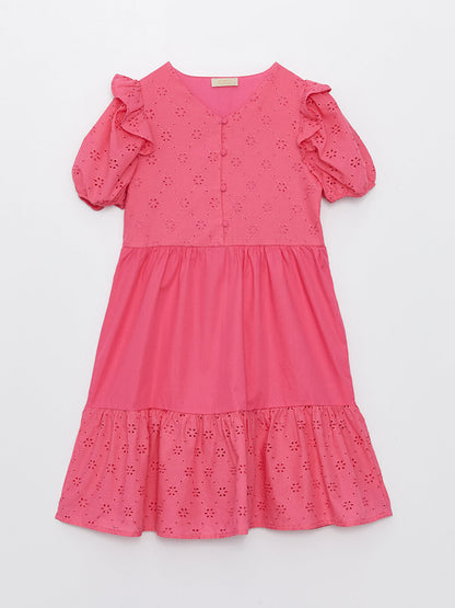 V-Neck Scallop Detailed Short Sleeve Girl's Dress