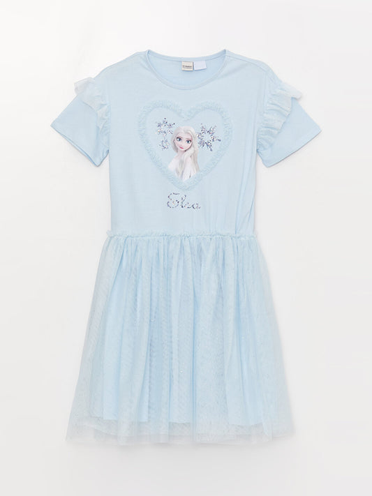 Crew Neck Elsa Printed Short Sleeve Girl's Dress