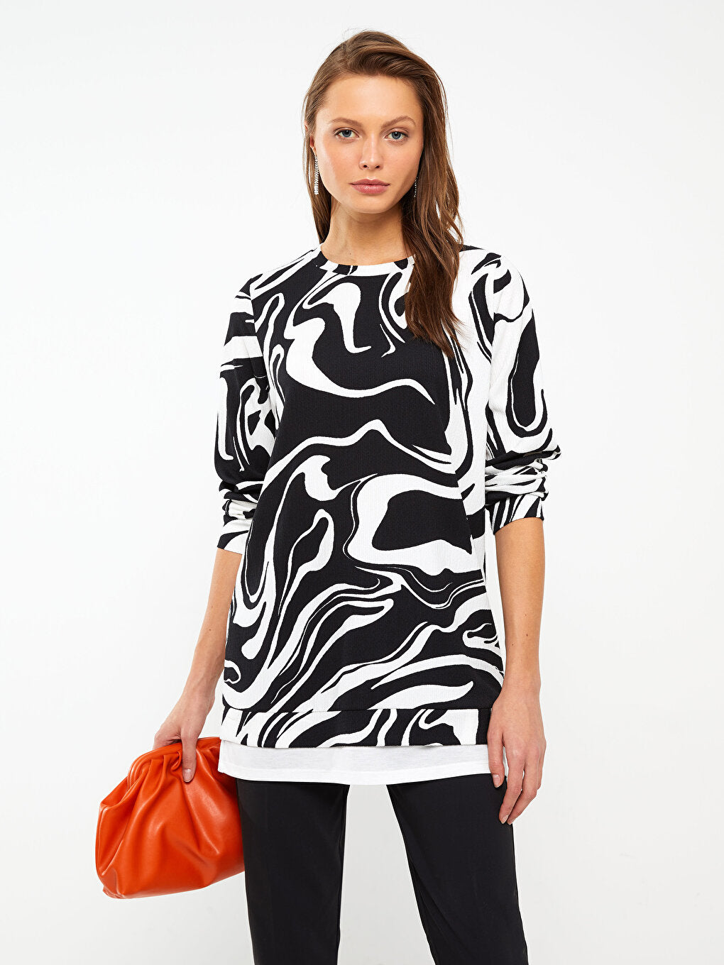 Crew Neck Printed Long Sleeve Women's Tunic