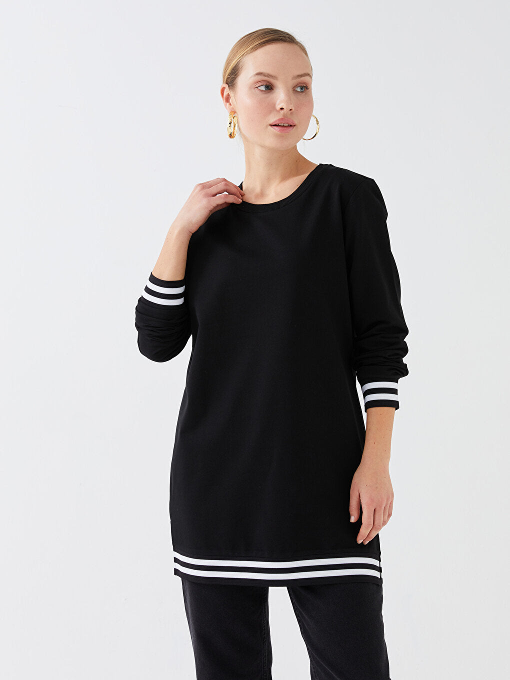 Crew Neck Plain Long Sleeve Women's Sweatshirt Tunic