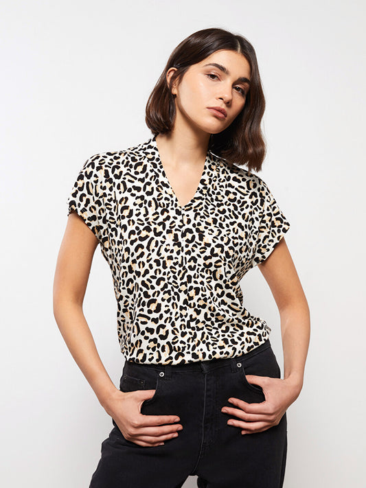 V-Neck Patterned Short Sleeve Women's Blouse