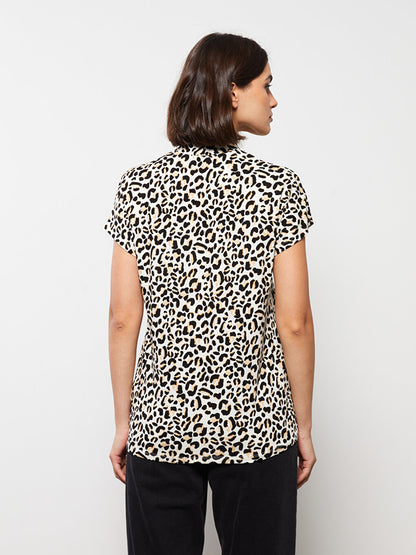 V-Neck Patterned Short Sleeve Women's Blouse