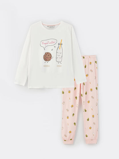 Crew Neck Printed Long Sleeve Women's Pajama Set