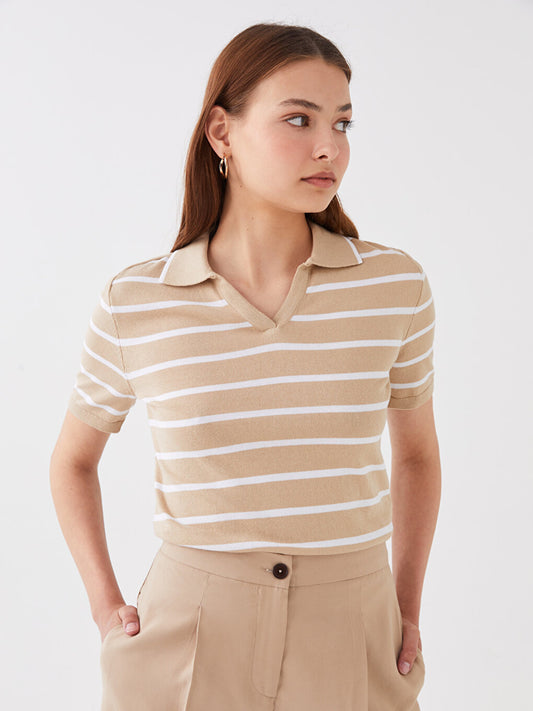 Polo Neck Striped Short Sleeve Women's Knitwear Sweater