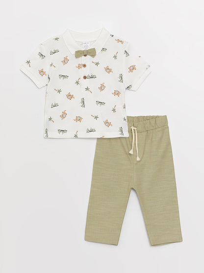 Polo Neck Short Sleeve Patterned Baby Boy T-Shirt and Trousers 2-Piece Set