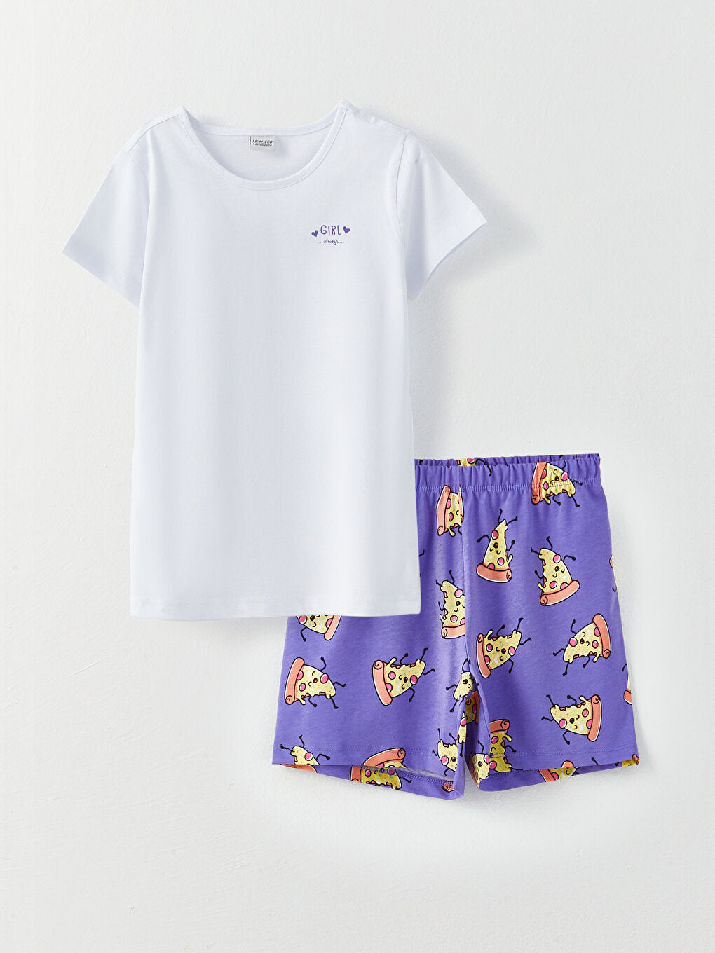 Crew Neck Printed Short Sleeve Girl's Pajama Set with Shorts