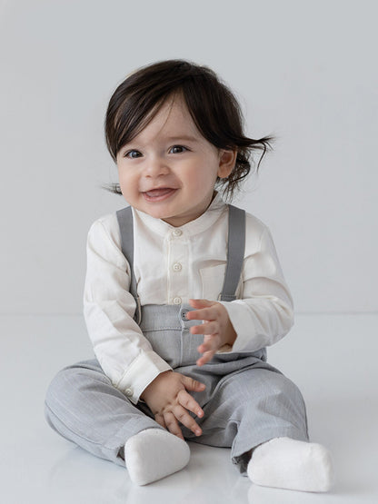 Judge Collar Long Sleeve Baby Boy Snap Fastener Bodysuit, Trousers and Trouser Strap 3-Piece Set