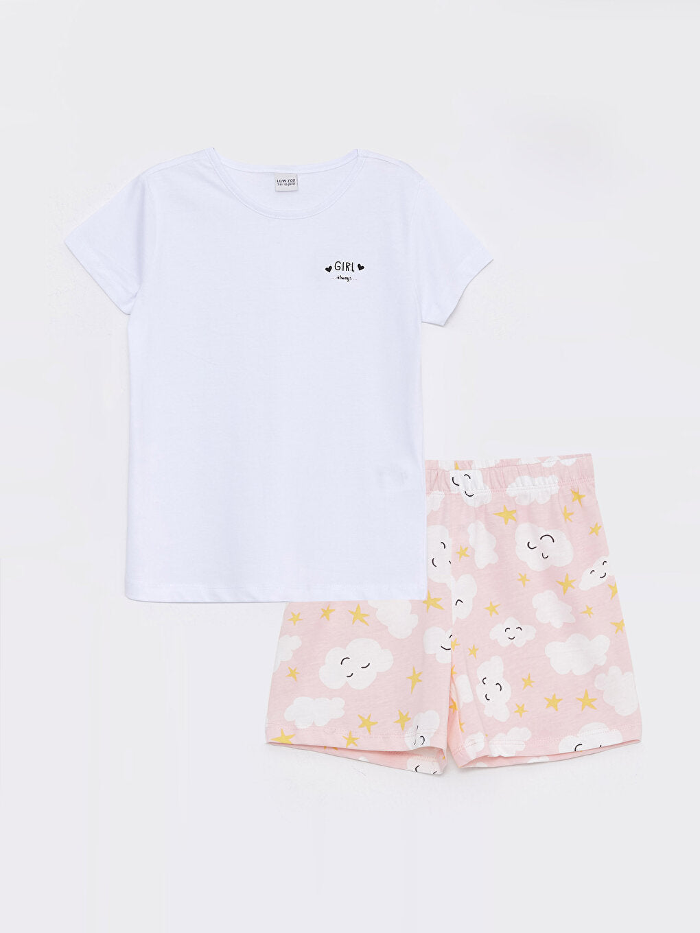 Crew Neck Printed Short Sleeve Girl's Pajama Set with Shorts