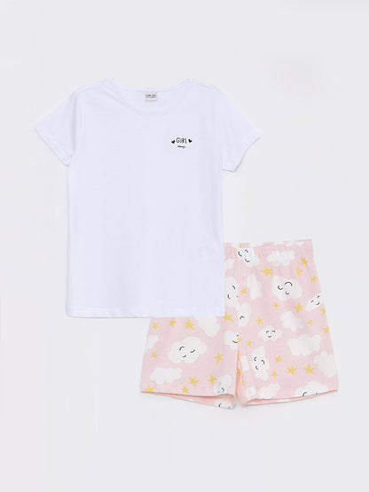 Crew Neck Printed Short Sleeve Girl's Pajama Set with Shorts