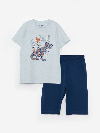 Crew Neck Printed Short Sleeve Boy's Pajama Set with Shorts