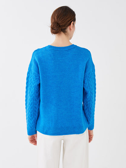 Crew Neck Self-Patterned Long Sleeve Women's Knitwear Sweater