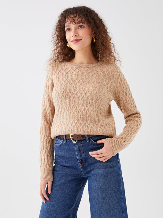 Crew Neck Self-Patterned Long Sleeve Women's Knitwear Sweater