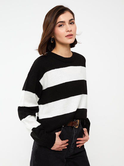 Crew Neck Striped Long Sleeve Women's Knitwear Sweater