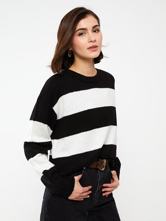 Crew Neck Striped Long Sleeve Women's Knitwear Sweater