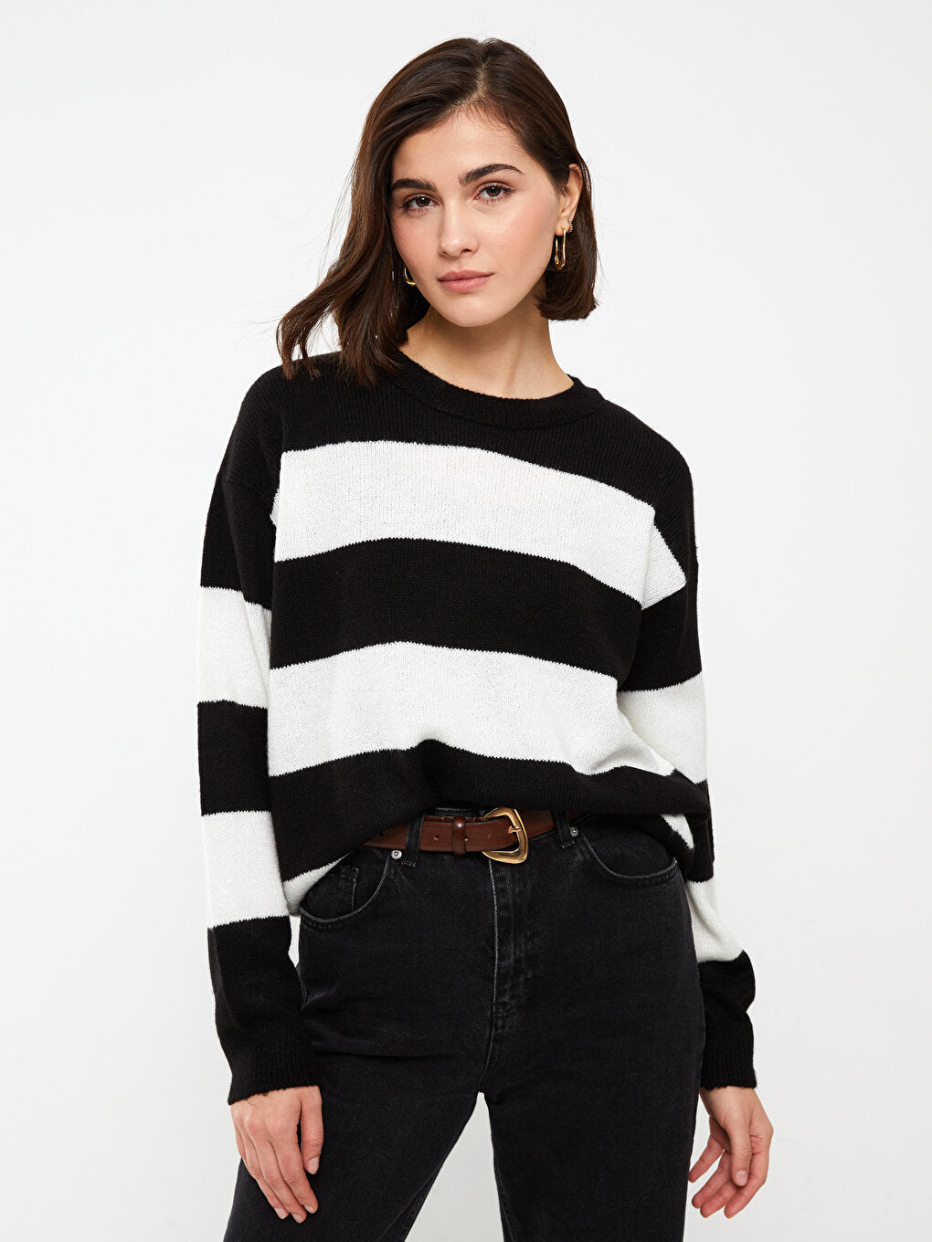 Crew Neck Striped Long Sleeve Women's Knitwear Sweater