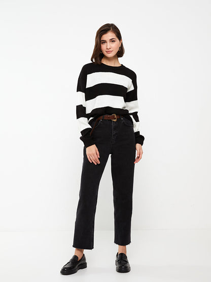 Crew Neck Striped Long Sleeve Women's Knitwear Sweater