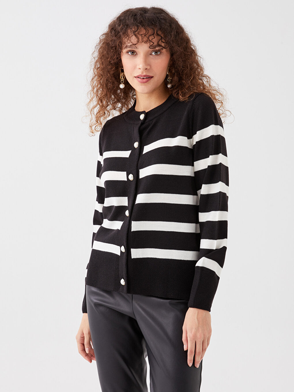 Crew Neck Striped Long Sleeve Women's Knitwear Cardigan