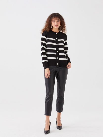 Crew Neck Striped Long Sleeve Women's Knitwear Cardigan